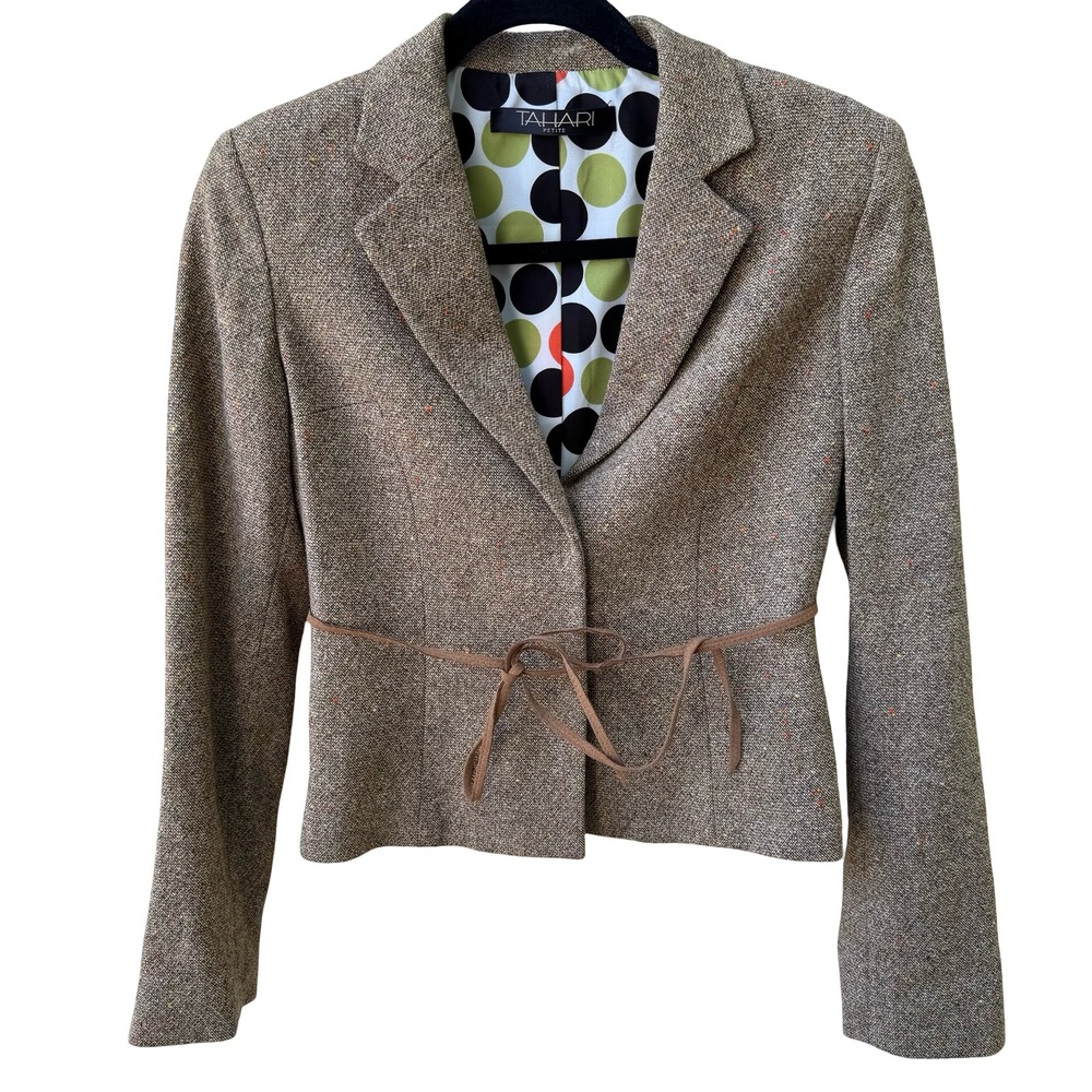 Tahari Tweed Wool Blend Dark Academia Professor Core Blazer Jacket Tie Waist 2
